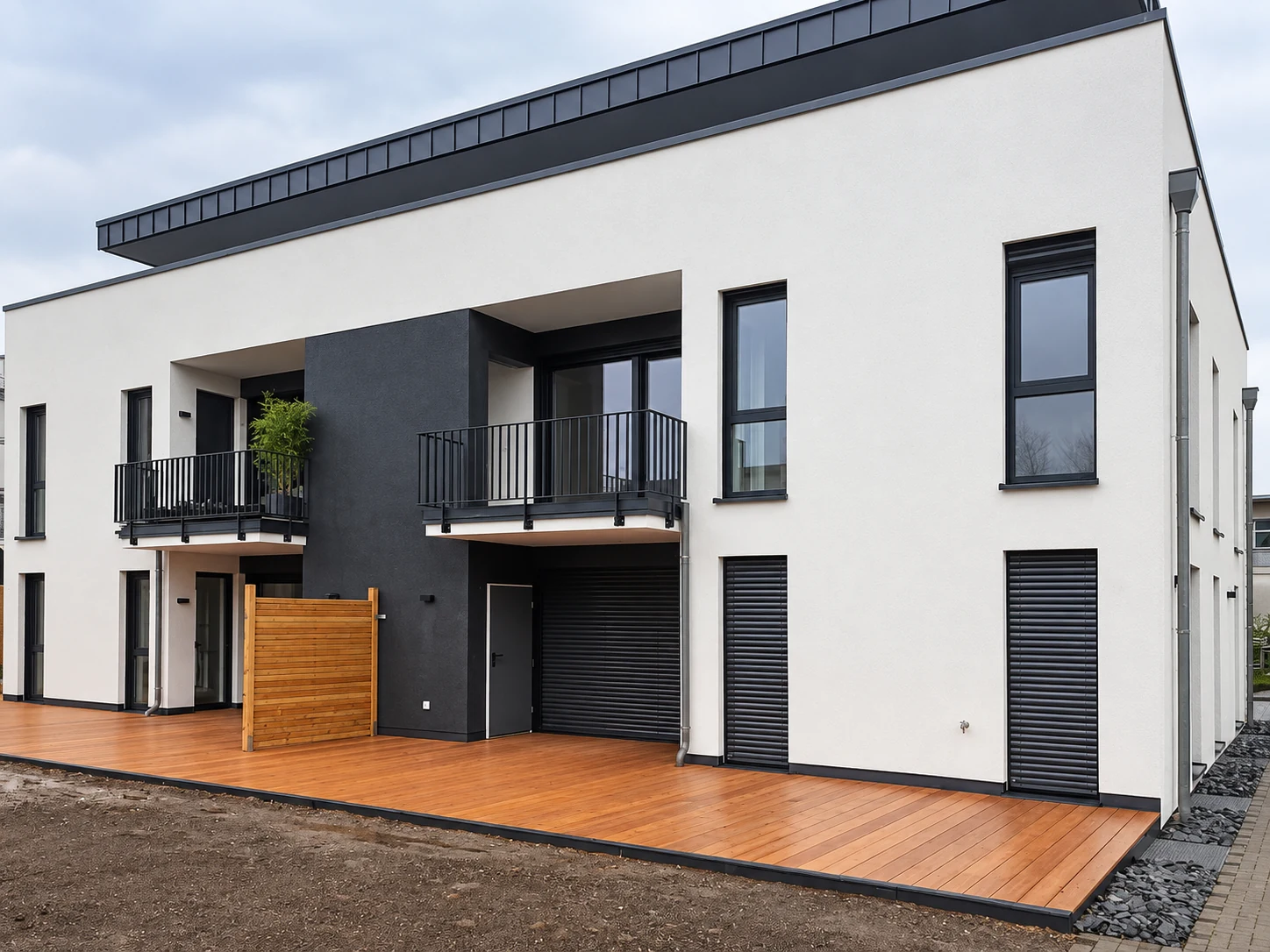 Weiße Hausfassade mit dunklen Fensterrahmen und überdachter Terrasse